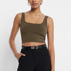 Express Body Contour High Compression Square Neck Cropped Tank - Olive Green M